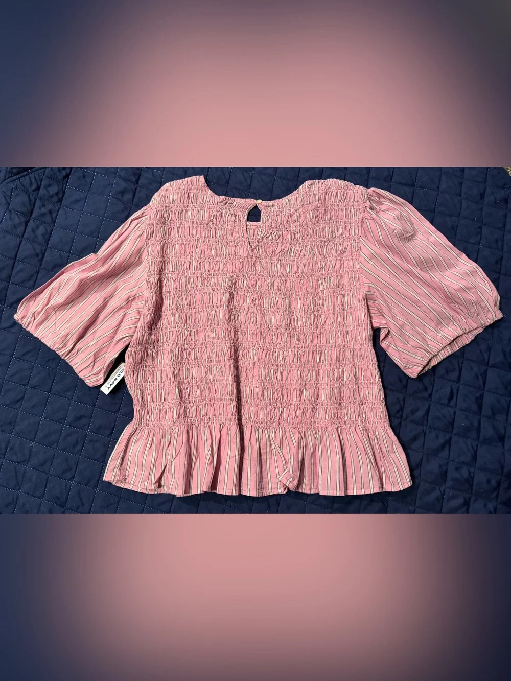 NWT Pink Smocked Peplum Blouse with Stripe Sleeves